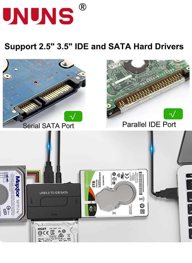 UNUNS - SATA IDE To USB 3.0 Hard Drive Adapter,External Hard Drive Adapter Kit,Ultra Recovery Reader Converter For Universal 2.5" 3.5" IDE HDD/SSD,CD/DVD Optical Drives - Image 1