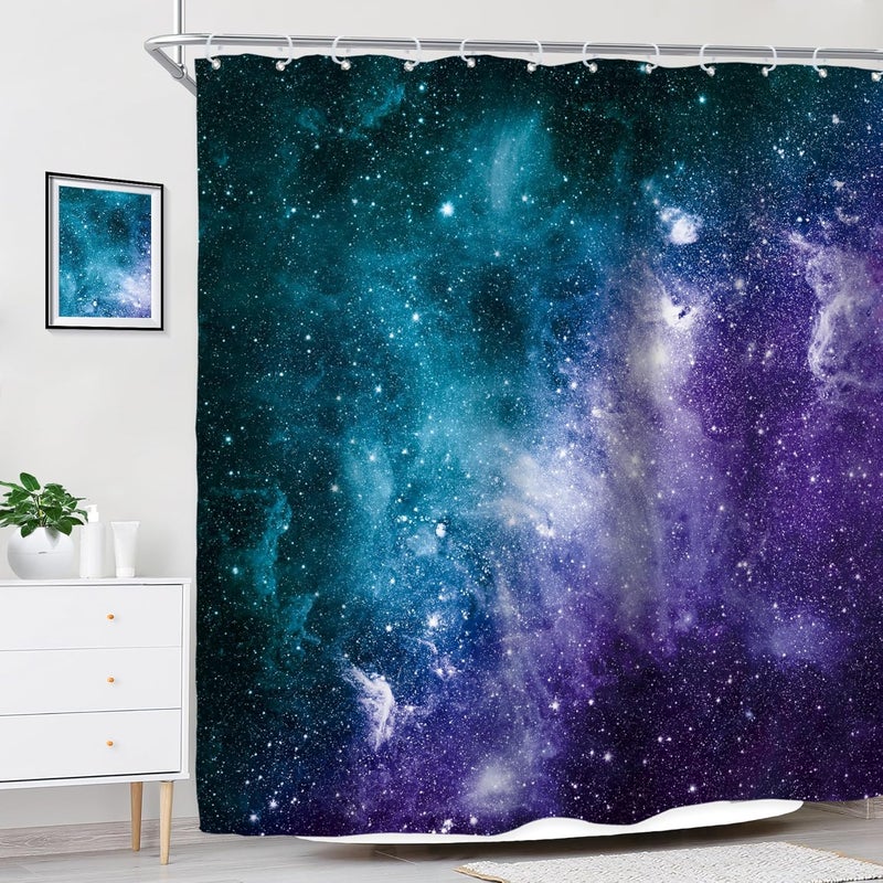 Riyidecor Galaxy Star Outer Space Shower Curtain for Bathroom Decor 72Wx72H Boys Kids Starry Nebula Universe Planet Magical Fantasy Cool Art Printed Fabric Polyester Waterproof 12 Pack Plastic Hooks - Image 3