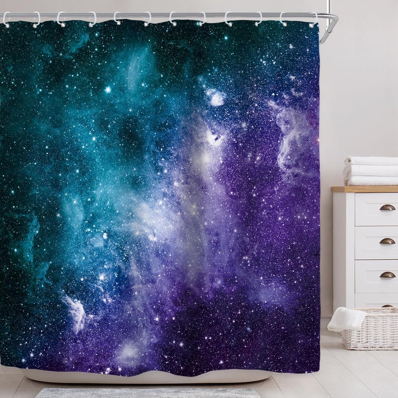 Riyidecor Galaxy Star Outer Space Shower Curtain for Bathroom Decor 72Wx72H Boys Kids Starry Nebula Universe Planet Magical Fantasy Cool Art Printed Fabric Polyester Waterproof 12 Pack Plastic Hooks - Image 2
