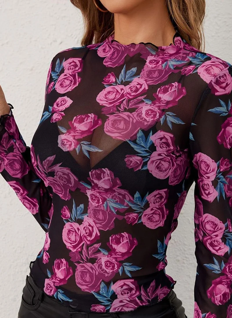 YUNIQEE Black Round Neck Long Sleeves Printed Top