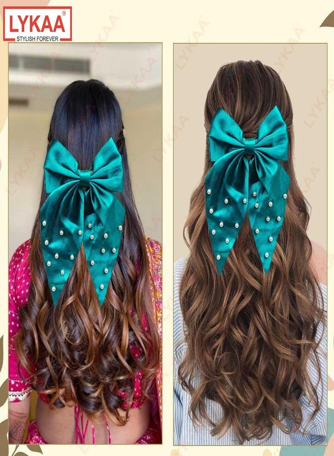 LYKAA Large Satin Hair Bow with Pearls, Oversized Long-tail Hair Accessories, Large Hair Barrettes, Big Bows Thick & Thin Hair, Nonslip Claw Clips for Women, Girls, Kids - 1 Pcs Turquoise Green (But One Get One Tail Comb Free) - Image 4