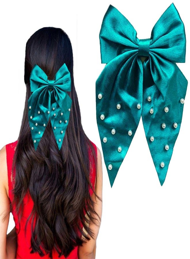 LYKAA Large Satin Hair Bow with Pearls, Oversized Long-tail Hair Accessories, Large Hair Barrettes, Big Bows Thick & Thin Hair, Nonslip Claw Clips for Women, Girls, Kids - 1 Pcs Turquoise Green (But One Get One Tail Comb Free) - Image 1