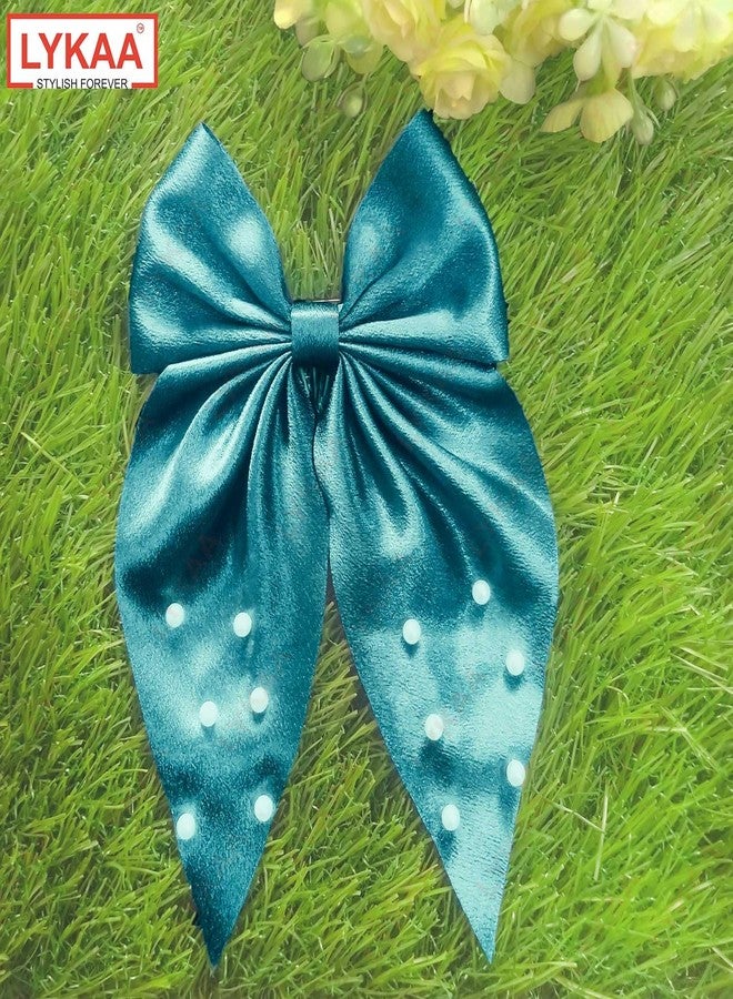 LYKAA Large Satin Hair Bow with Pearls, Oversized Long-tail Hair Accessories, Large Hair Barrettes, Big Bows Thick & Thin Hair, Nonslip Claw Clips for Women, Girls, Kids - 1 Pcs Turquoise Green (But One Get One Tail Comb Free) - Image 5