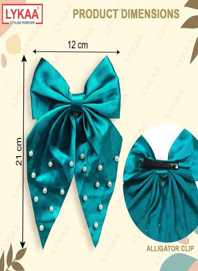 LYKAA Large Satin Hair Bow with Pearls, Oversized Long-tail Hair Accessories, Large Hair Barrettes, Big Bows Thick & Thin Hair, Nonslip Claw Clips for Women, Girls, Kids - 1 Pcs Turquoise Green (But One Get One Tail Comb Free) - Image 2
