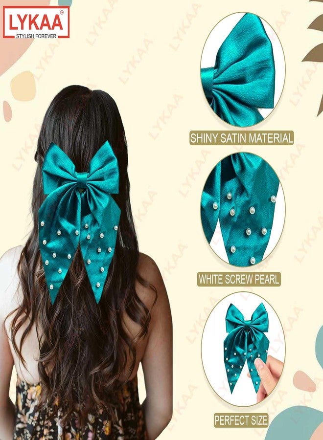 LYKAA Large Satin Hair Bow with Pearls, Oversized Long-tail Hair Accessories, Large Hair Barrettes, Big Bows Thick & Thin Hair, Nonslip Claw Clips for Women, Girls, Kids - 1 Pcs Turquoise Green (But One Get One Tail Comb Free) - Image 3