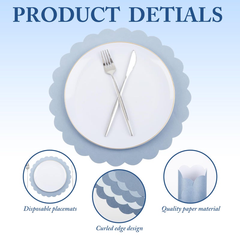 AimFun 48Pcs Dusty Blue Paper Placemats Gradient Color Scalloped Disposable Place Mat 4 Colors 13 Inch Paper Cutouts for Wedding Banquet Birthday Pool Party Supplies (Dusty Blue) - Image 3