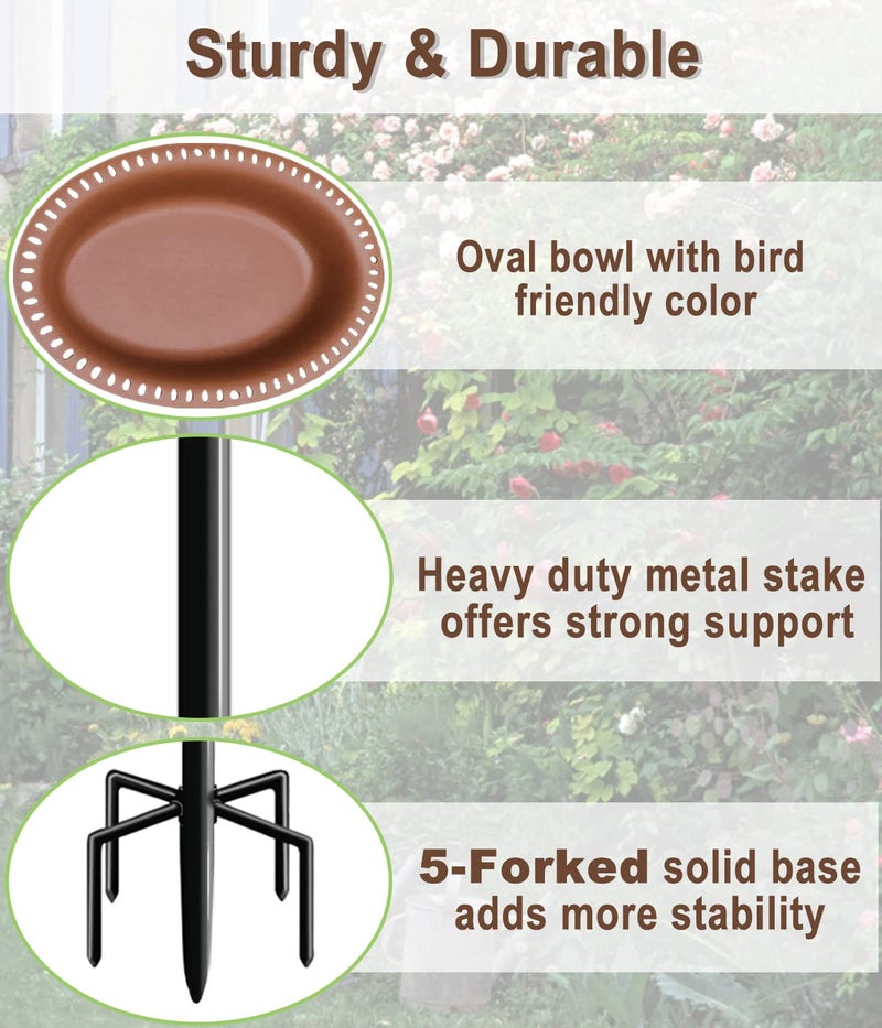 Garbuildman Upgraded 5-Prong Base Bird Bath with Metal Stake, Detachable Decoration Bowl Spa & Freestanding Birdfeeder for Outdoor Garden, Oval Style, Brown - Image 3
