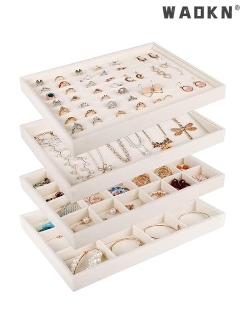 WAOKN Stackable Velvet Jewelry Trays Organizer, Jewelry Storage Display Trays for Drawer, Earring Necklace Bracelet Ring Organizer, Set of 4 (White)