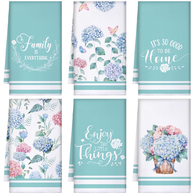 Boyiee Set of 6 Hydrangeas Kitchen Towels Spring Tea Towels Absorbent Dish Towels 24 x 16 Inches Kitchen Gifts Hand Towels Hydrangea Lover Gifts for Farmhouse Kitchen Bathroom - Image 1
