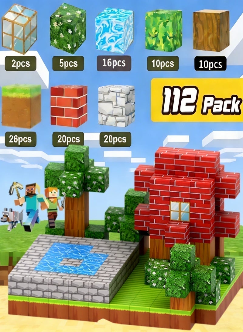 oasistrail Magnetic Blocks-Building cubes 112PCS  High-Strength Mine Magnet World Set for Kids, Magnet Blocks Cubes for Boys Girls, A must-have construction building toy for kindergarten classroomsSTEM Montessori Sensory Toys Stacking Toy for 3 4 5 6 7 8 9 10 11 12 Christmas Birthday Gift(Forest theme; includes 2 toy figurines.) - Image 3