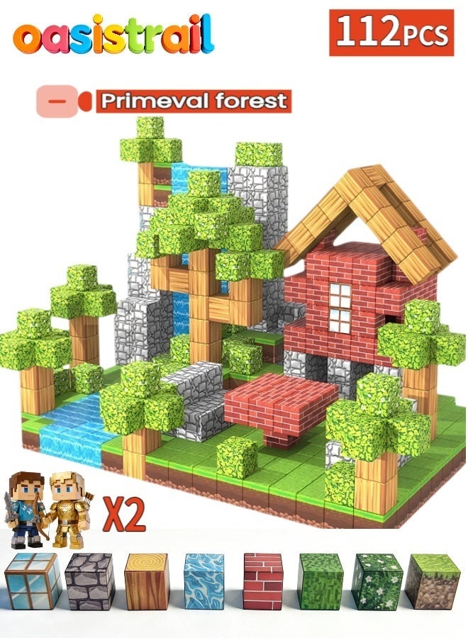 oasistrail Magnetic Blocks-Building cubes 112PCS  High-Strength Mine Magnet World Set for Kids, Magnet Blocks Cubes for Boys Girls, A must-have construction building toy for kindergarten classroomsSTEM Montessori Sensory Toys Stacking Toy for 3 4 5 6 7 8 9 10 11 12 Christmas Birthday Gift(Forest theme; includes 2 toy figurines.) - Image 1