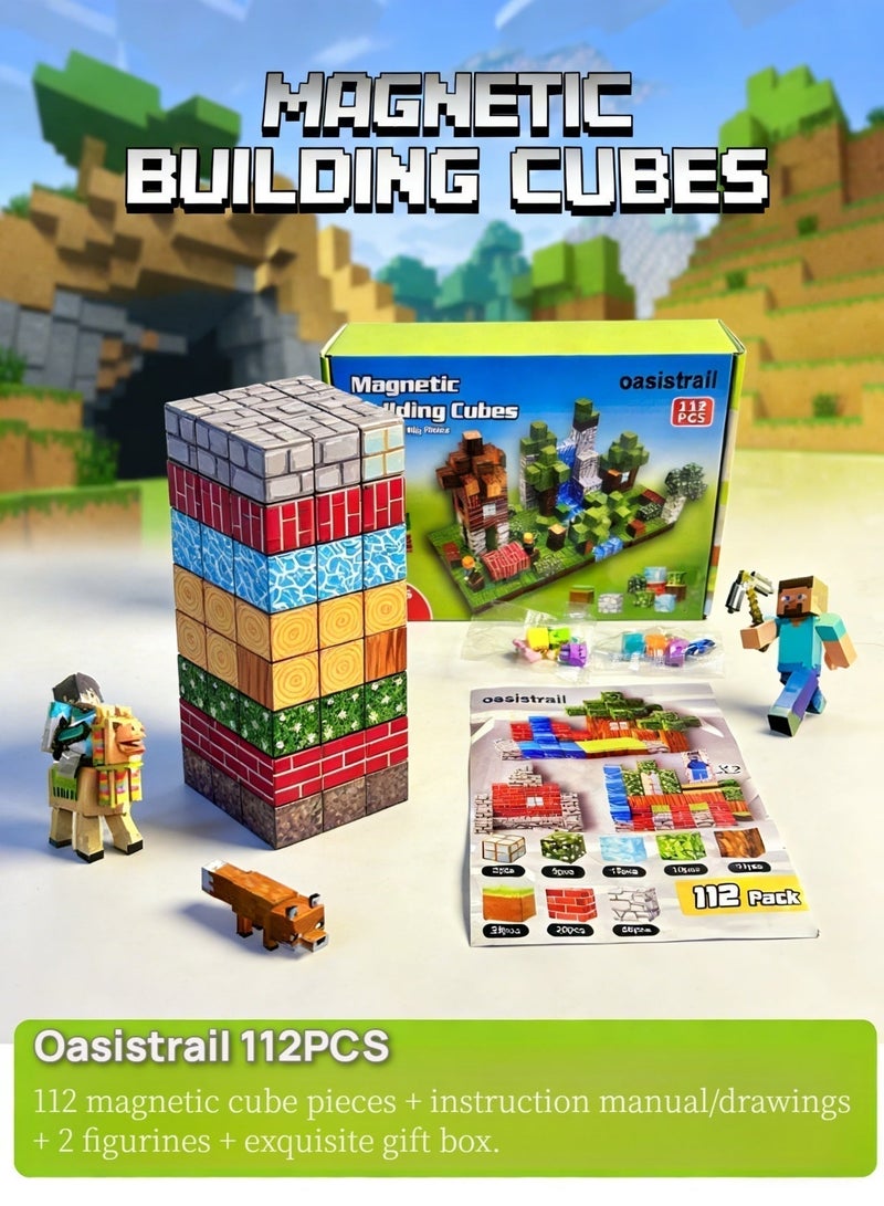 oasistrail Magnetic Blocks-Building cubes 112PCS  High-Strength Mine Magnet World Set for Kids, Magnet Blocks Cubes for Boys Girls, A must-have construction building toy for kindergarten classroomsSTEM Montessori Sensory Toys Stacking Toy for 3 4 5 6 7 8 9 10 11 12 Christmas Birthday Gift(Forest theme; includes 2 toy figurines.) - Image 2