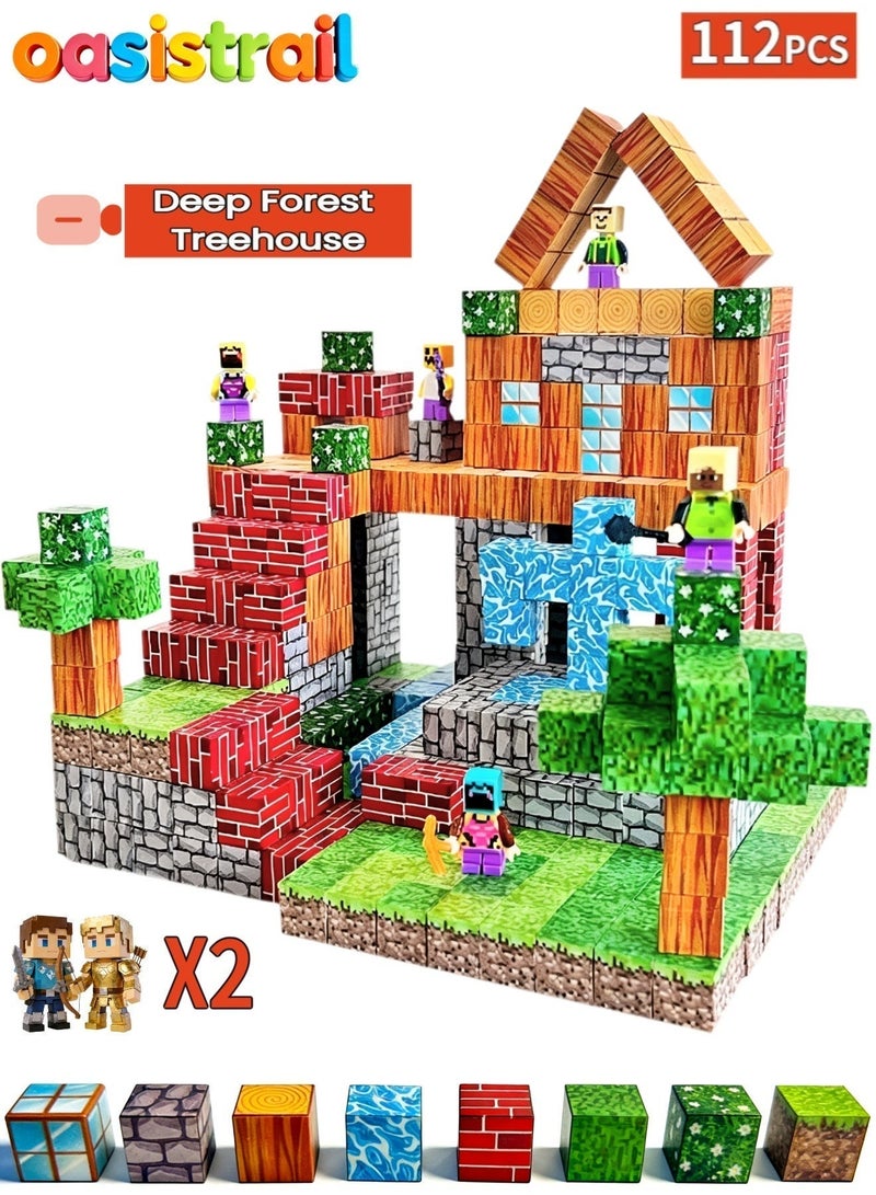 oasistrail Magnetic Blocks-Building cubes 112PCS  High-Strength Mine Magnet World Set for Kids, Magnet Blocks Cubes for Boys Girls, A must-have construction building toy for kindergarten classroomsSTEM Montessori Sensory Toys Stacking Toy for 3 4 5 6 7 8 9 10 11 12 Christmas Birthday Gift(Forest theme; includes 2 toy figurines.) - Image 1