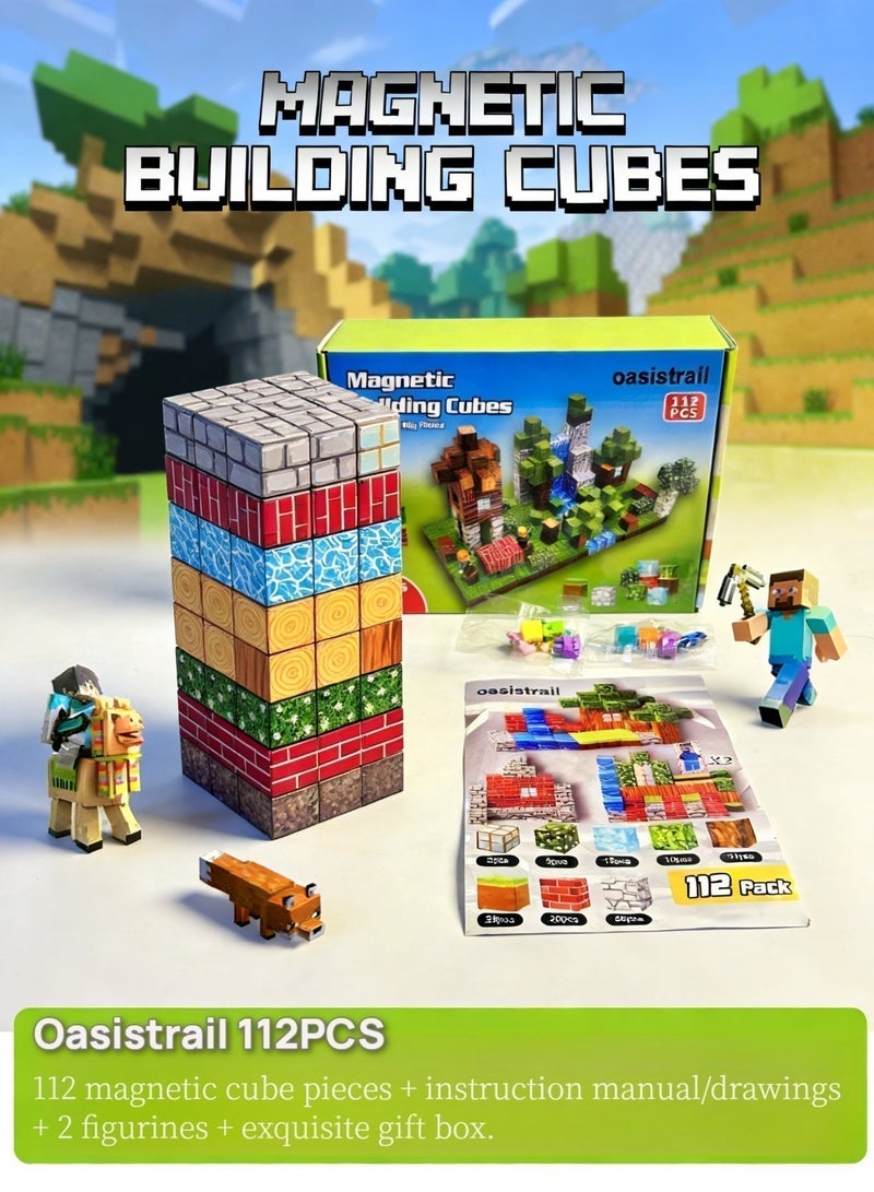 oasistrail Magnetic Blocks-Building cubes 112PCS  High-Strength Mine Magnet World Set for Kids, Magnet Blocks Cubes for Boys Girls, A must-have construction building toy for kindergarten classroomsSTEM Montessori Sensory Toys Stacking Toy for 3 4 5 6 7 8 9 10 11 12 Christmas Birthday Gift(Forest theme; includes 2 toy figurines.) - Image 4