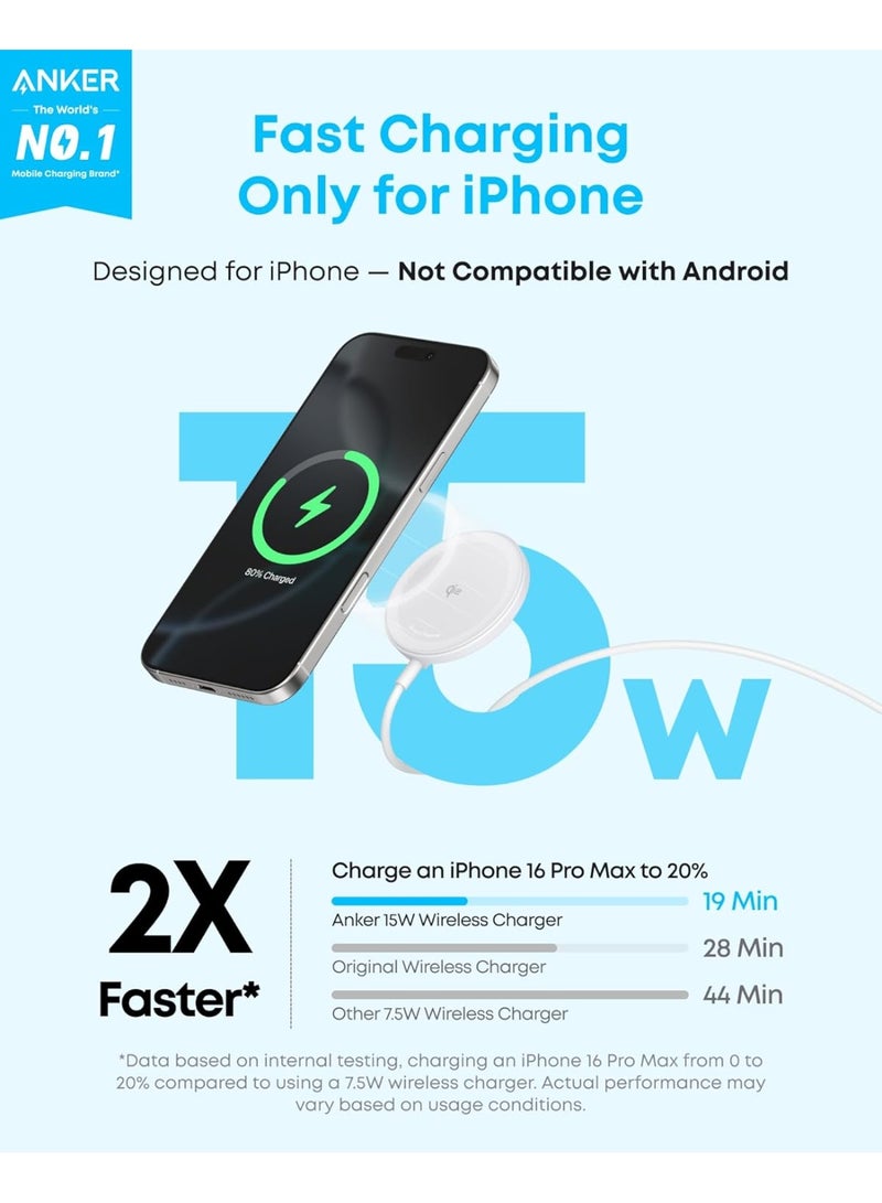 Anker Zolo Qi2 Certified 15W MagSafe-Compatible Magnetic Wireless Charger for iPhone 17/16/15/14 Series, AirPods, White, 1 Pack white - Image 2