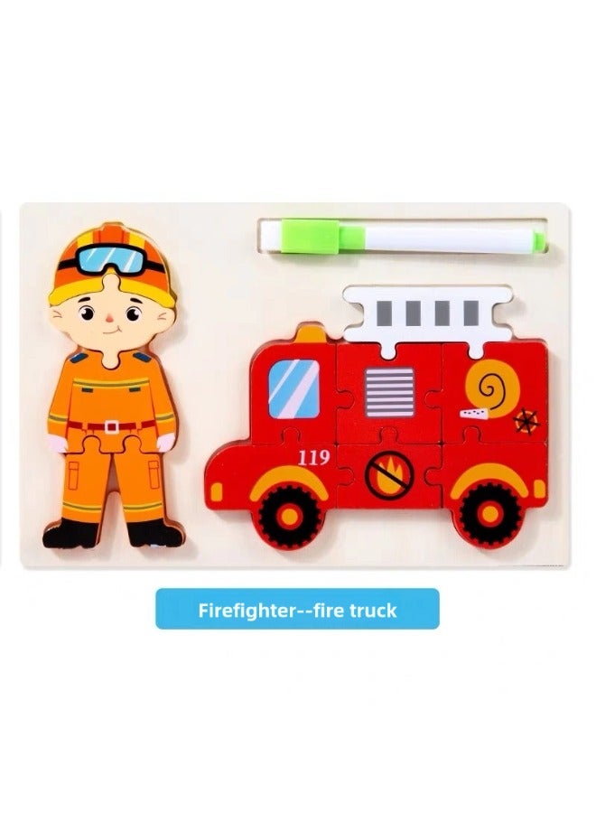 Preschool Children Babies Intelligence Boys and Girls Transportation Vehicles 3D three-diMensional Puzzles Wooden Puzzle Boards Drawing Boards with Pens that can be Handwritten Early Education and Puzzle Toys 3 to 6 Years Old Hand-held Characters Professional Fire Trucks Firefighters - Image 1