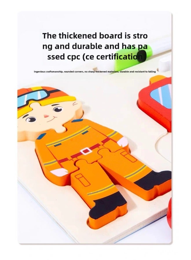 Preschool Children Babies Intelligence Boys and Girls Transportation Vehicles 3D three-diMensional Puzzles Wooden Puzzle Boards Drawing Boards with Pens that can be Handwritten Early Education and Puzzle Toys 3 to 6 Years Old Hand-held Characters Professional Fire Trucks Firefighters - Image 2