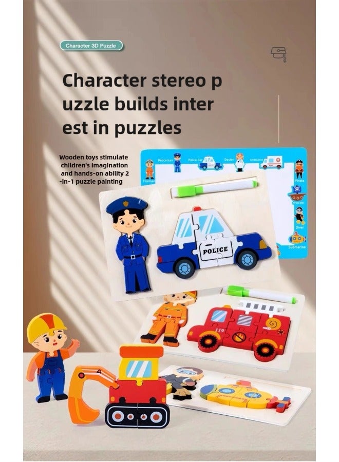 Preschool Children Babies Intelligence Boys and Girls Transportation Vehicles 3D three-diMensional Puzzles Wooden Puzzle Boards Drawing Boards with Pens that can be Handwritten Early Education and Puzzle Toys 3 to 6 Years Old Hand-held Characters Professional Fire Trucks Firefighters - Image 4