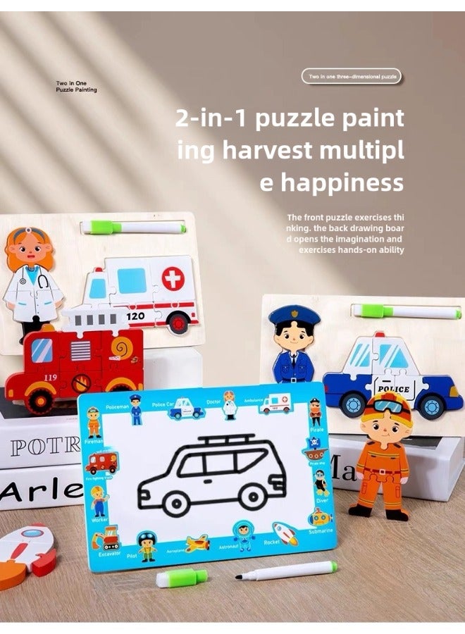 Preschool Children Babies Intelligence Boys and Girls Transportation Vehicles 3D three-diMensional Puzzles Wooden Puzzle Boards Drawing Boards with Pens that can be Handwritten Early Education and Puzzle Toys 3 to 6 Years Old Hand-held Characters Professional Fire Trucks Firefighters - Image 5
