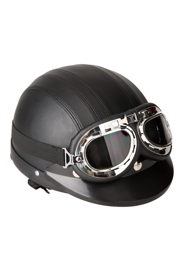 Vintage Style Open Face Leather Helmet With UV Goggles - Image 1
