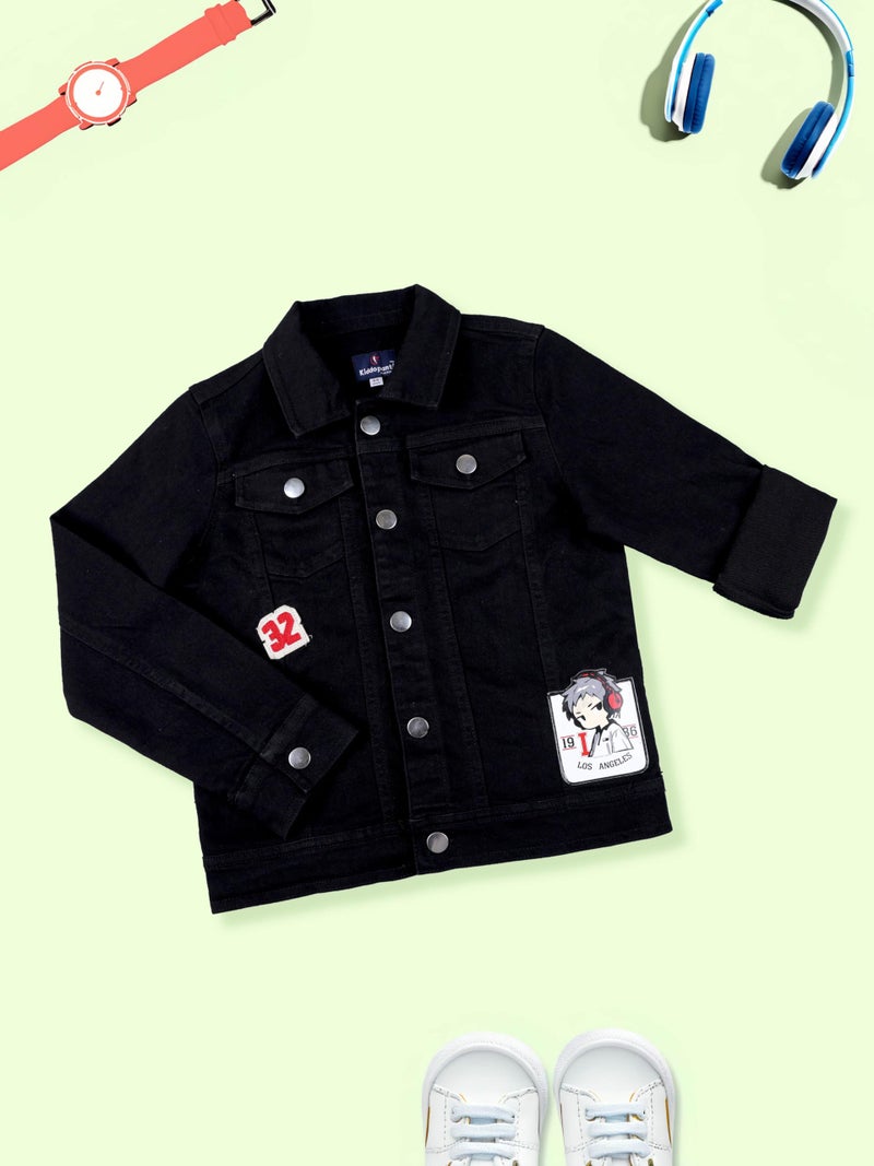 KiddoPanti Boys Denim Jacket With Badges | Cotton Poly Blend with Lycra | Washed Denim, Full Sleeve | Button Closure & Front Flap Pockets | Collared Neck, Black With Badges - 12-14Y - Image 4
