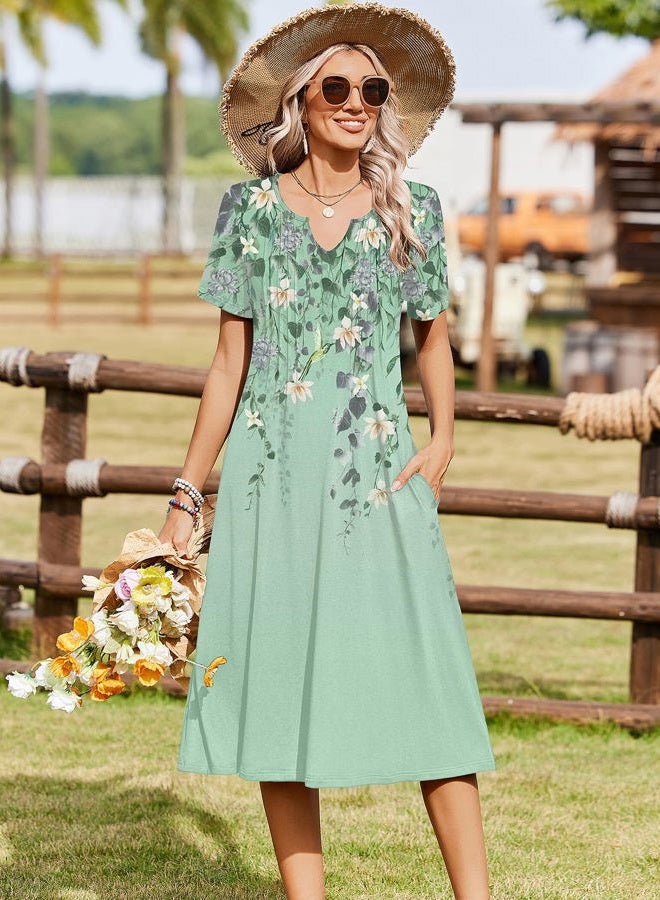 zeagoo Summer Dresses for Women 2026 Casual Short Sleeve Aline Midi Dress with Pocket Flowy Pleated Tshirt Beach Sundress, Green Floral, XXL - Image 3