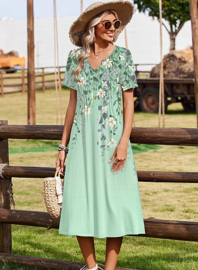 zeagoo Summer Dresses for Women 2026 Casual Short Sleeve Aline Midi Dress with Pocket Flowy Pleated Tshirt Beach Sundress, Green Floral, XXL - Image 5