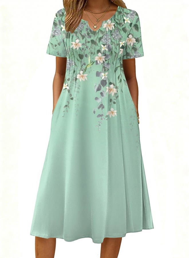 zeagoo Summer Dresses for Women 2026 Casual Short Sleeve Aline Midi Dress with Pocket Flowy Pleated Tshirt Beach Sundress, Green Floral, XXL - Image 2