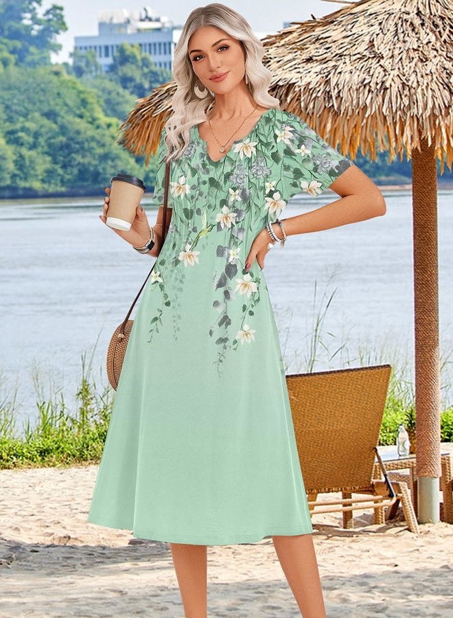 zeagoo Summer Dresses for Women 2026 Casual Short Sleeve Aline Midi Dress with Pocket Flowy Pleated Tshirt Beach Sundress, Green Floral, XXL - Image 4