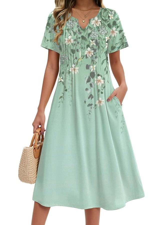 zeagoo Summer Dresses for Women 2026 Casual Short Sleeve Aline Midi Dress with Pocket Flowy Pleated Tshirt Beach Sundress, Green Floral, XXL - Image 1