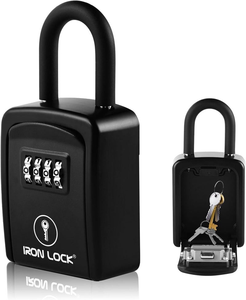 Iron Lock ® Key Lock Box Portable with U-Shackle – Small Waterproof Heavy-Duty Metal Safe with 4-Digit Combination for Spare Keys Outside on Door Knob, Fence, or Gate (Black, Small) - Image 1