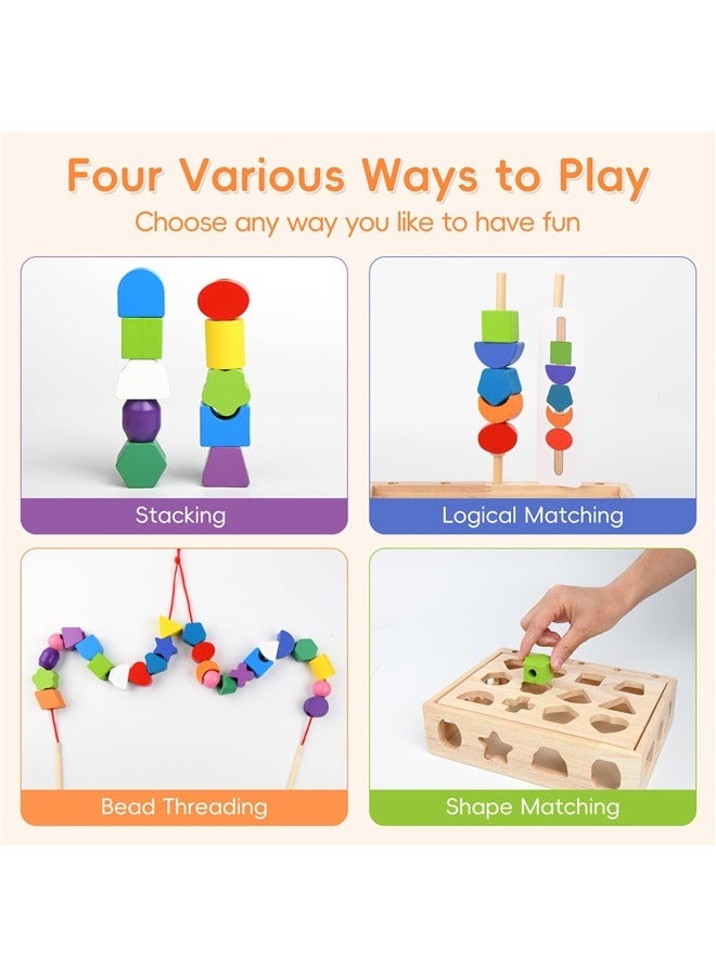 3 in 1 Wooden Color Sorting Stacking Toys, Montessori Geometric Shape Sorter Matching Set, Lacing Beads Sequencing Preschool  - Image 2