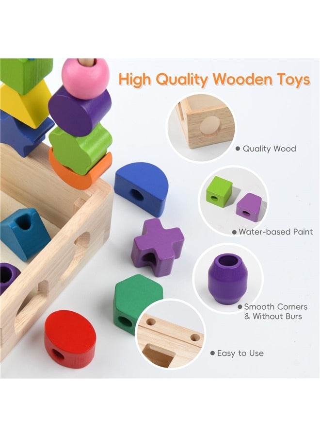 3 in 1 Wooden Color Sorting Stacking Toys, Montessori Geometric Shape Sorter Matching Set, Lacing Beads Sequencing Preschool  - Image 4