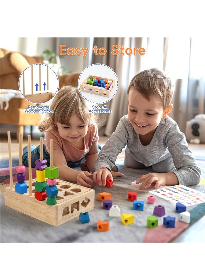 3 in 1 Wooden Color Sorting Stacking Toys, Montessori Geometric Shape Sorter Matching Set, Lacing Beads Sequencing Preschool  - Image 3