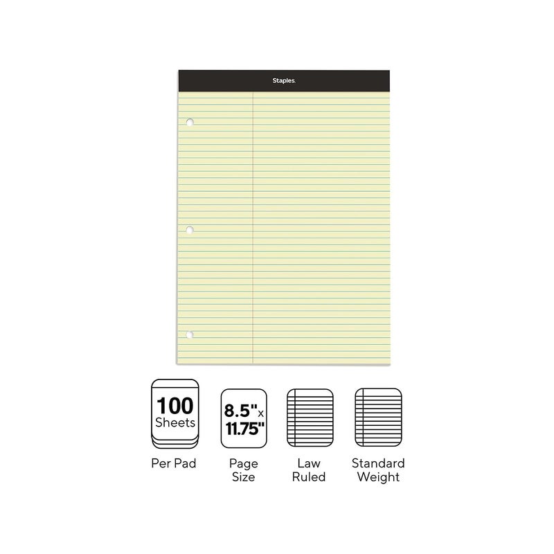 STAPLES 369746 3Hole Double Pad 85Inch X 1175Inch Canary Law Ruled 3Inch Margin Each Office Product - Image 2