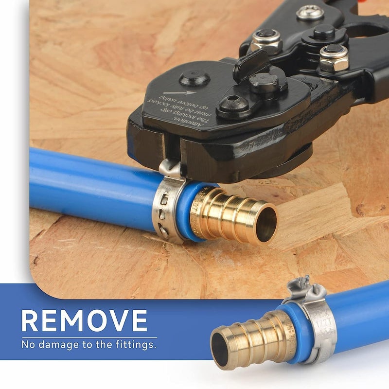 iCrimp Ratchet PEX Cinch Tool with Removing Function for 3/8-in, 1/2-in, 3/4-in, 1-in Stainless Steel Clamp, PEX Crimper with 20PCS 1/2-in, 10PCS 3/4-in PEX Clamps and Pipe Cutter- All in One - Image 5