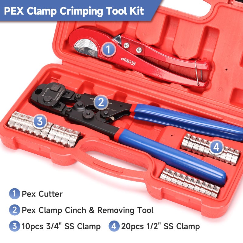 iCrimp Ratchet PEX Cinch Tool with Removing Function for 3/8-in, 1/2-in, 3/4-in, 1-in Stainless Steel Clamp, PEX Crimper with 20PCS 1/2-in, 10PCS 3/4-in PEX Clamps and Pipe Cutter- All in One - Image 2