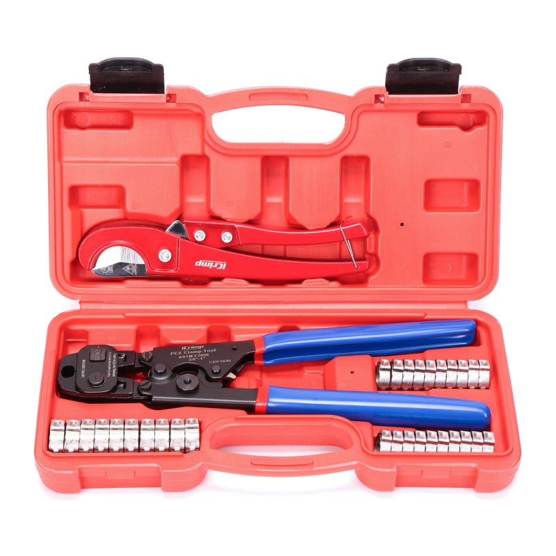 iCrimp Ratchet PEX Cinch Tool with Removing Function for 3/8-in, 1/2-in, 3/4-in, 1-in Stainless Steel Clamp, PEX Crimper with 20PCS 1/2-in, 10PCS 3/4-in PEX Clamps and Pipe Cutter- All in One - Image 1