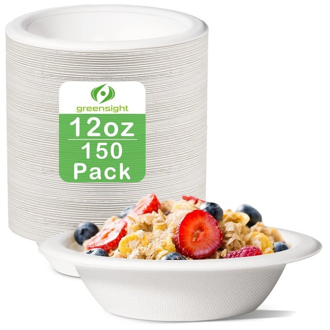 12OZ DISPOSABLE PAPER BOWLS 150 PACK HEAVY DUTY COMPOSTABLE BIODEGRADABLE WHITE SUGARCANE BOWLS FOR DESSERT SALAD HOT COLD FOOD
