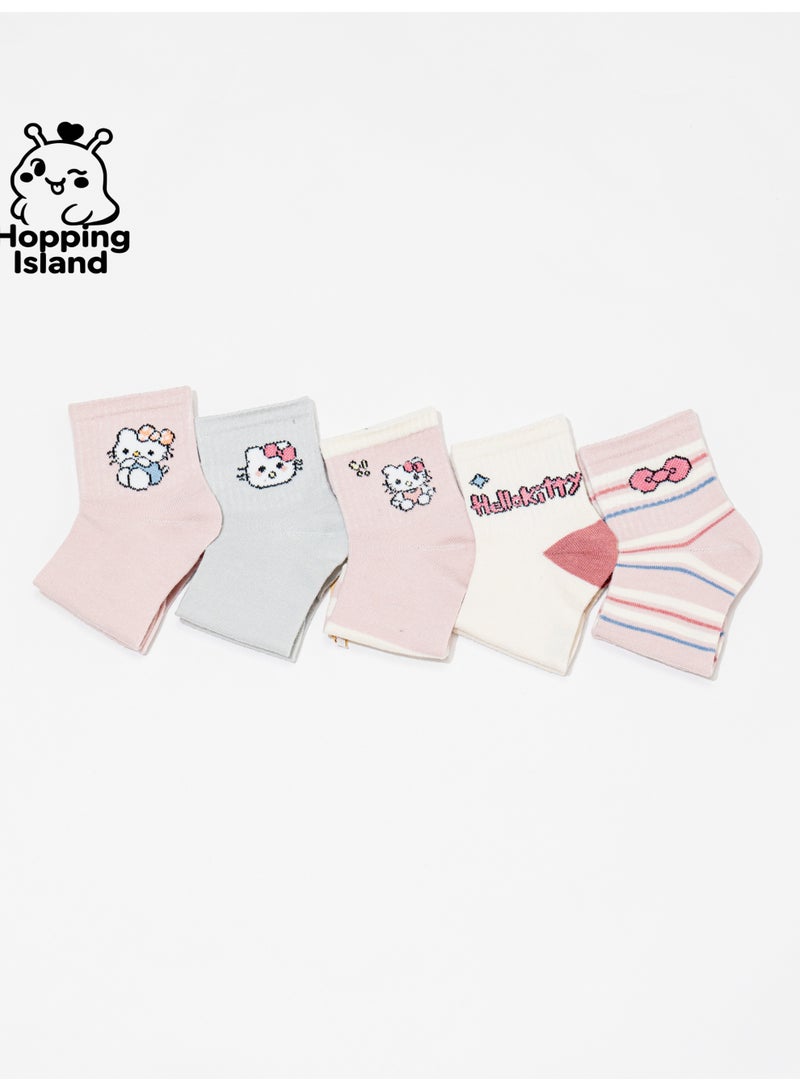 Hopping Island Kids Socks 5Pairs Kitty Cat Pattern Size M [HI] - Image 3