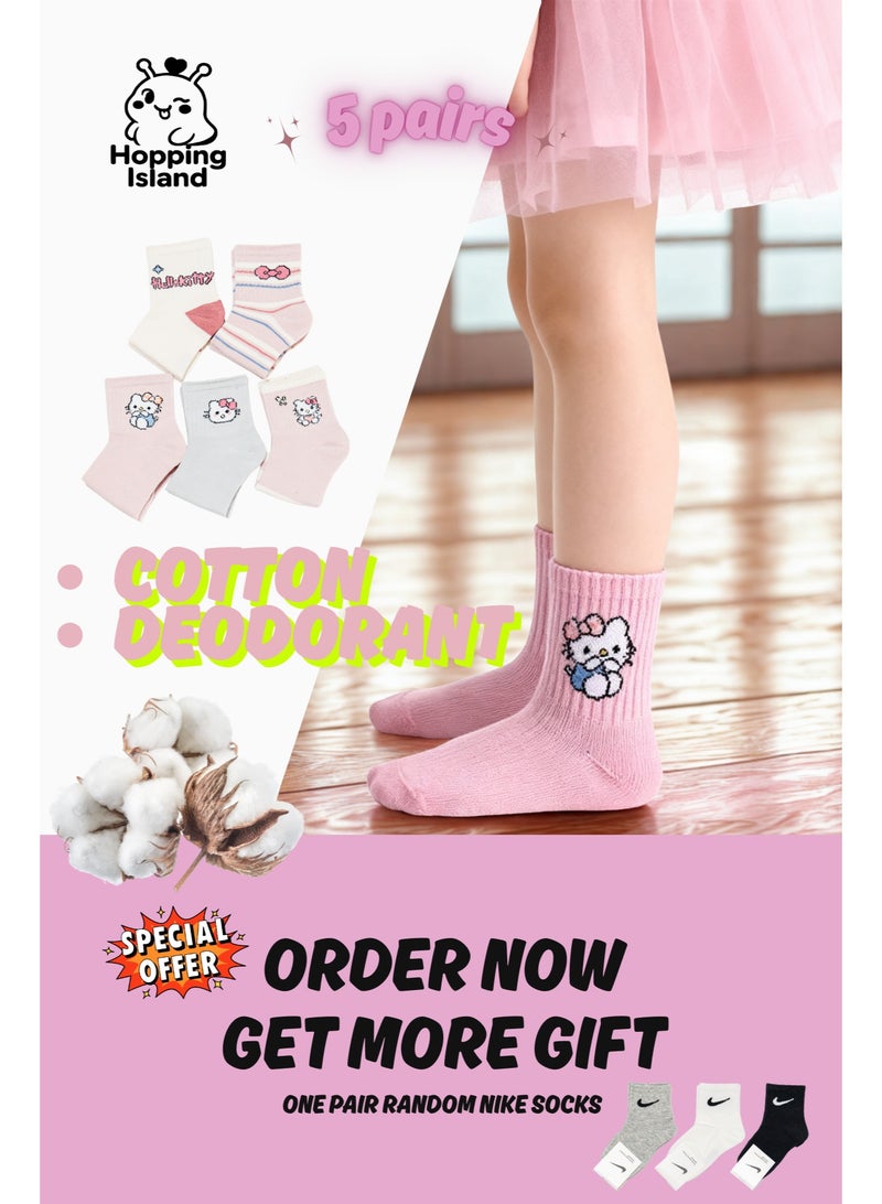 Hopping Island Kids Socks 5Pairs Kitty Cat Pattern Size M [HI] - Image 1