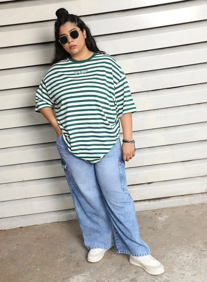 HIGH STAR Plus Size Striped Oversized T-Shirt with Dropped Shoulder Sleeves by Styli