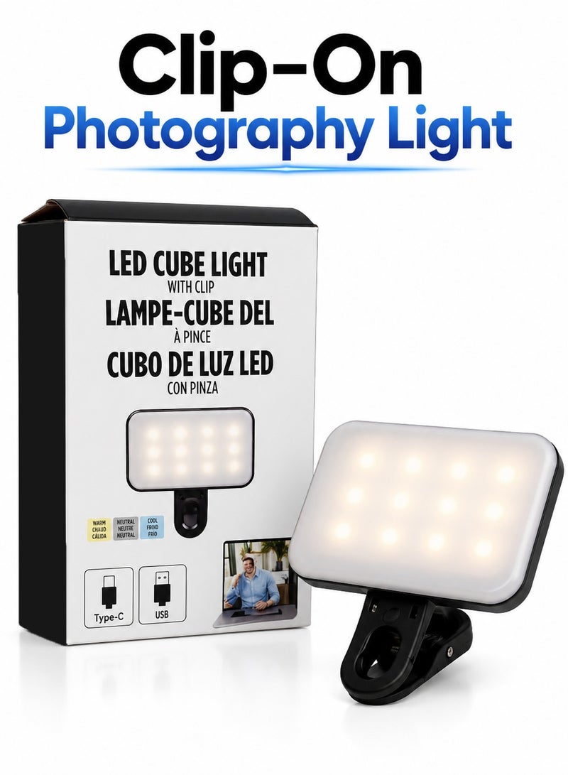 Mini Selfie LED Fill Light with 3 Light Modes (White, Warm, Mixed)​ - Portable Clip-on Ring Light, 3 Brightness Levels, Rechargeable Battery for Smartphones & Laptops, Ideal for TikTok & Video Calls - Image 1