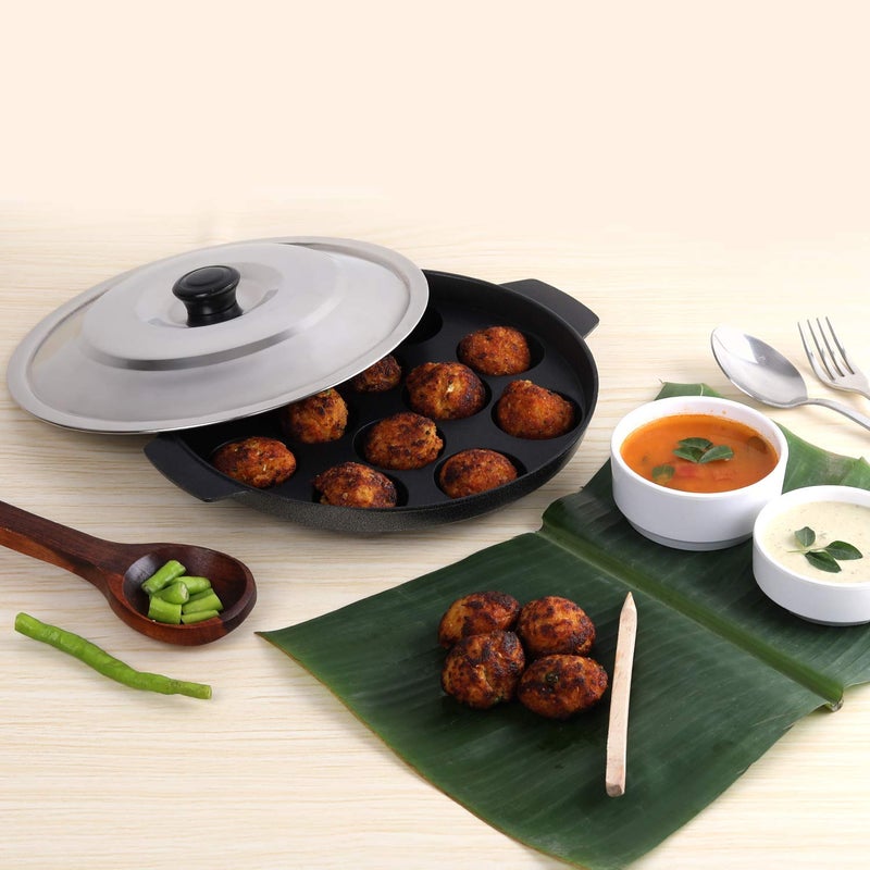 RJ kitchenware Store Appam bada Non Stick 12 Cavities Appam Patra/Appam Pan/Maker/Pan Cake Maker/ponganalu/gunta ponganalu with Lid 24 cm - Image 5