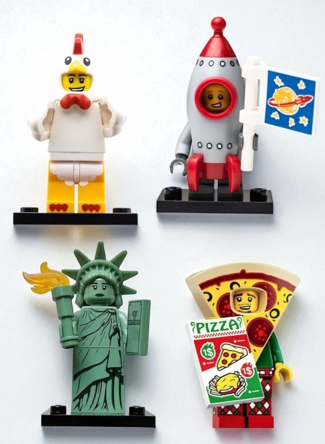 Woma chicken suit character, rocket suit character, Statue of Liberty figure, and pizza costume characterCustom 4 mini figure toy set, building block toys for kids and adults, build your own adventure with famous characters, figure toys, character blocks, male figures with multiple blocks, kids’ blocks, building toys, boys' toys, block toys for girls, building game for kids, character figures for block play, creative building block game for girls, building toys for kids and unique dolls, character block toys for ages 3 and up.
