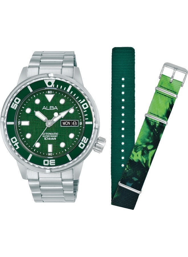 Alba Mechanical Automatic Men’s Watch AL4775X2, 43 mm Green Dial, Stainless Steel Case & Bracelet, Rotating Bezel, 100 m WR - Image 2