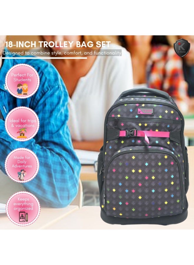 i-kola Diamond Dots 18" 3PC Trolley Bag Set For Girsl & Boys | Rolling School Bag With Spill-Proof Lunch Bag,Pencil Case | Telescopic Handle | Travel-Friendly School Luggage (IK953-18TR3)  - Image 3