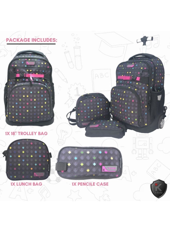 i-kola Diamond Dots 18" 3PC Trolley Bag Set For Girsl & Boys | Rolling School Bag With Spill-Proof Lunch Bag,Pencil Case | Telescopic Handle | Travel-Friendly School Luggage (IK953-18TR3)  - Image 5