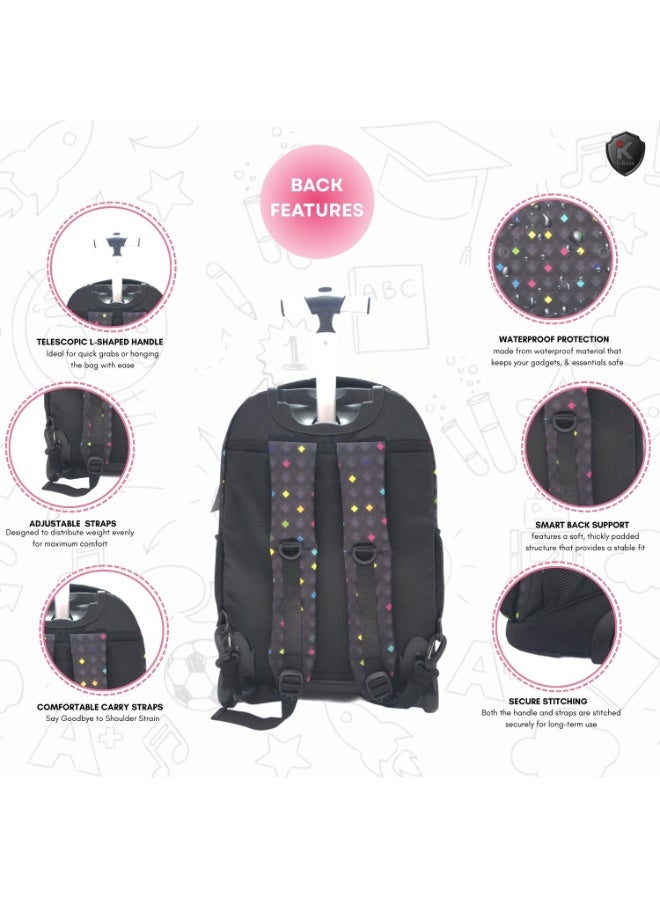 i-kola Diamond Dots 18" 3PC Trolley Bag Set For Girsl & Boys | Rolling School Bag With Spill-Proof Lunch Bag,Pencil Case | Telescopic Handle | Travel-Friendly School Luggage (IK953-18TR3)  - Image 4