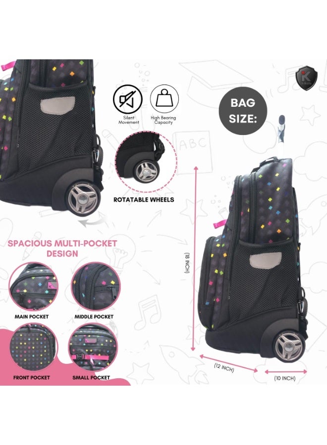 i-kola Diamond Dots 18" 3PC Trolley Bag Set For Girsl & Boys | Rolling School Bag With Spill-Proof Lunch Bag,Pencil Case | Telescopic Handle | Travel-Friendly School Luggage (IK953-18TR3)  - Image 2